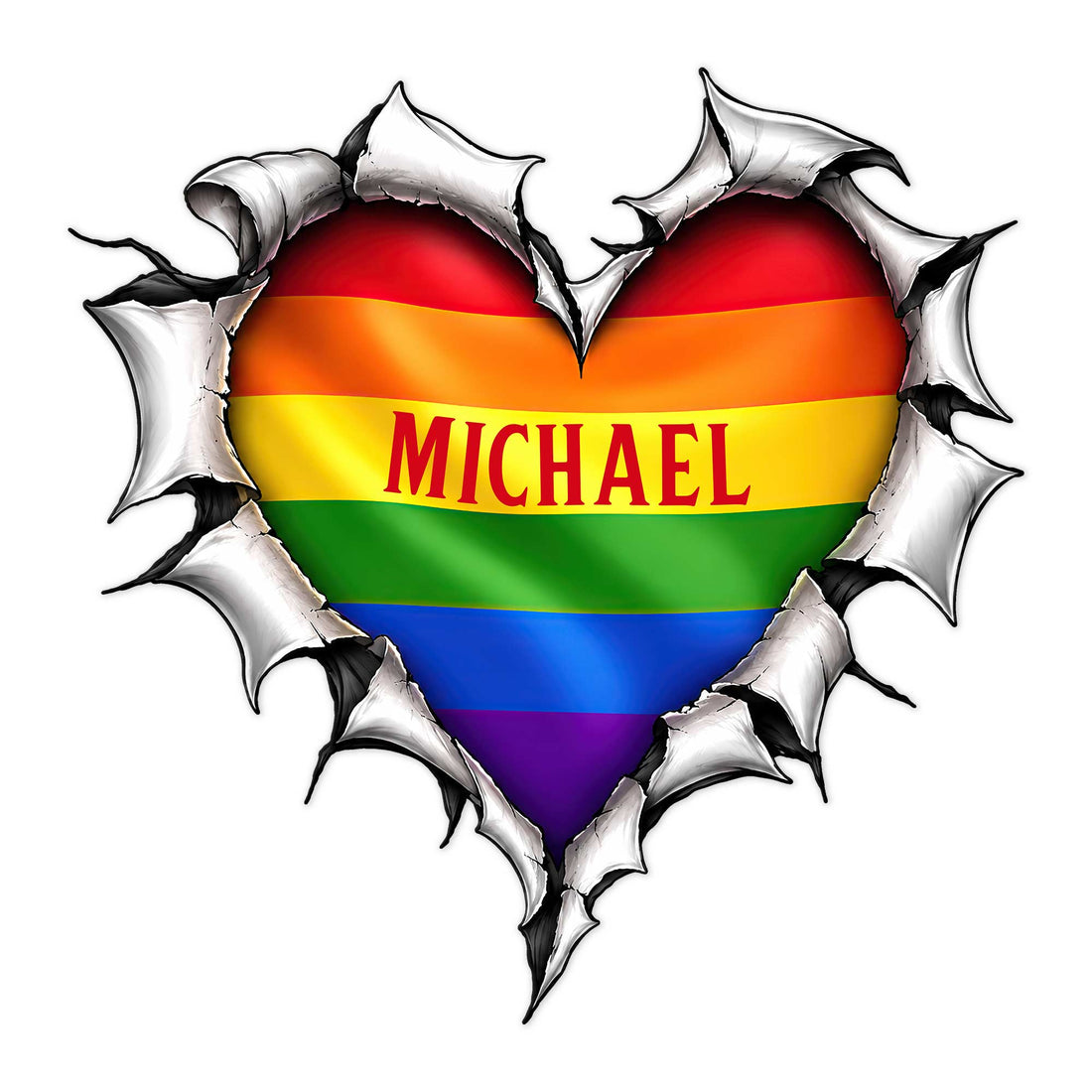 Custom LGBTQ pride metal sign featuring a rainbow heart framed by a dramatic torn-metal design