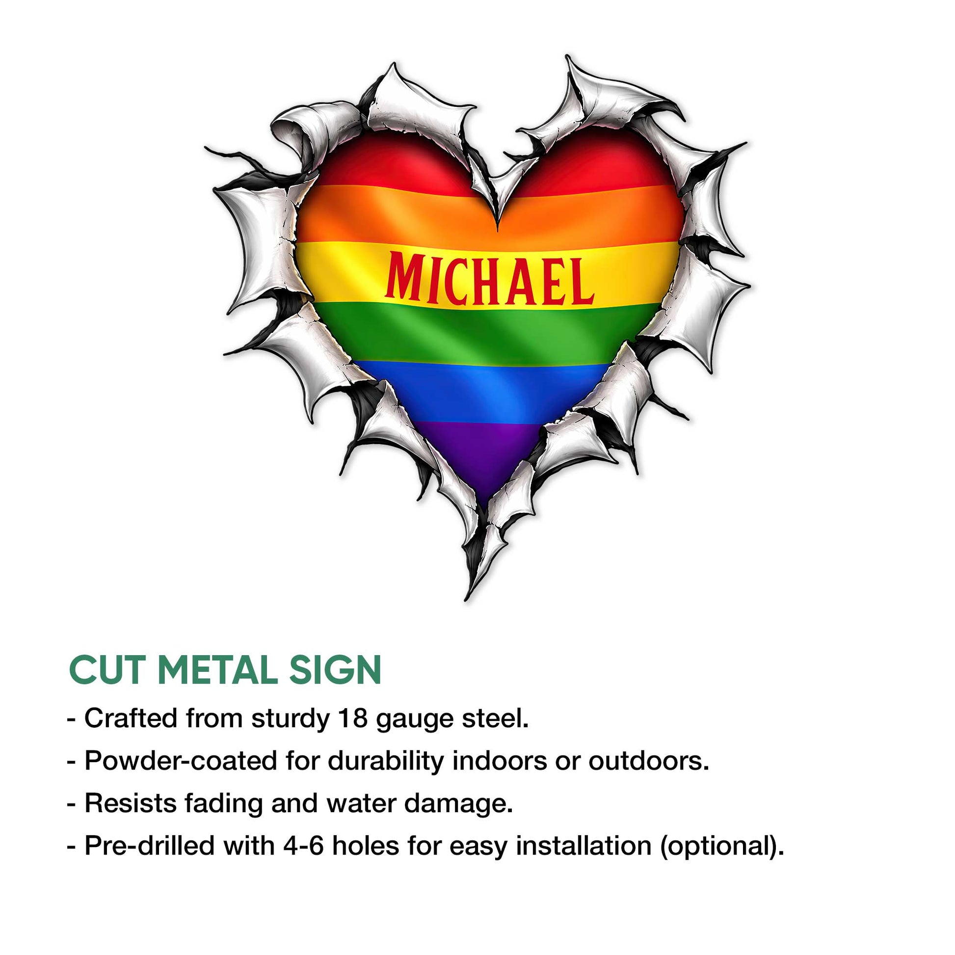 LGBTQ pride heart cut metal sign shown with product features and installation options