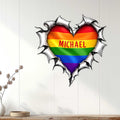 Rainbow pride heart metal wall sign displayed in a bright modern home interior