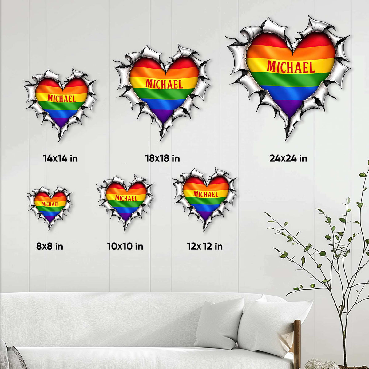 LGBTQ pride heart metal sign size guide showing available square dimensions from 8 to 24 inches