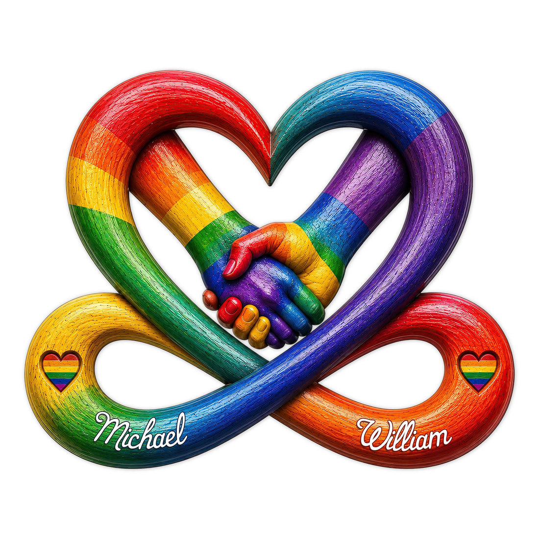 Colorful Pride metal sign with interlocking rainbow hearts and two hands clasped in unity