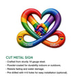 Pride metal sign feature graphic showing the rainbow heart design and product highlights