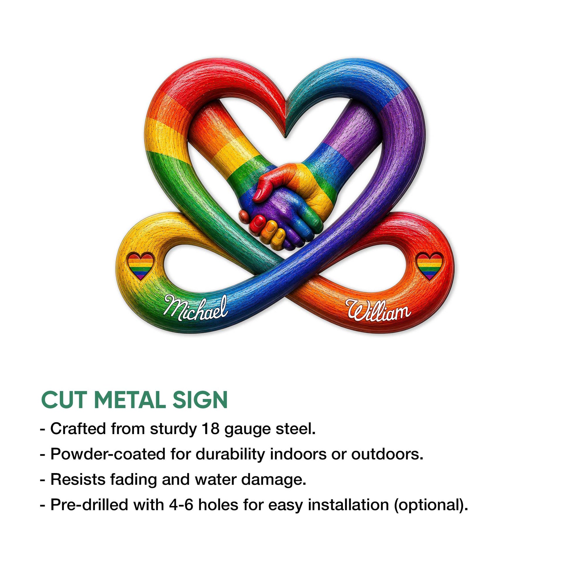 Pride metal sign feature graphic showing the rainbow heart design and product highlights