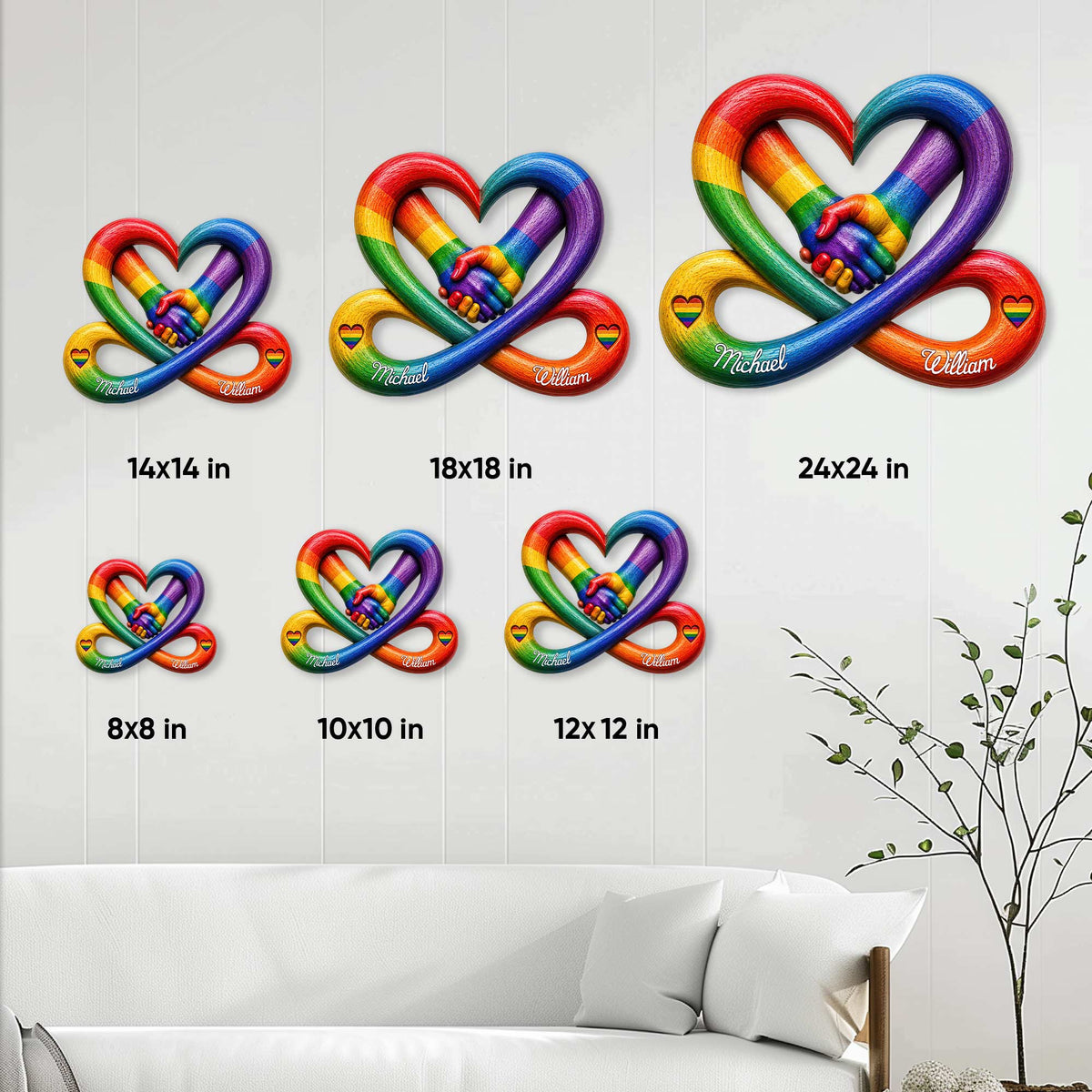 Pride metal sign size guide showing available square dimensions from 8 by 8 to 24 by 24 inches