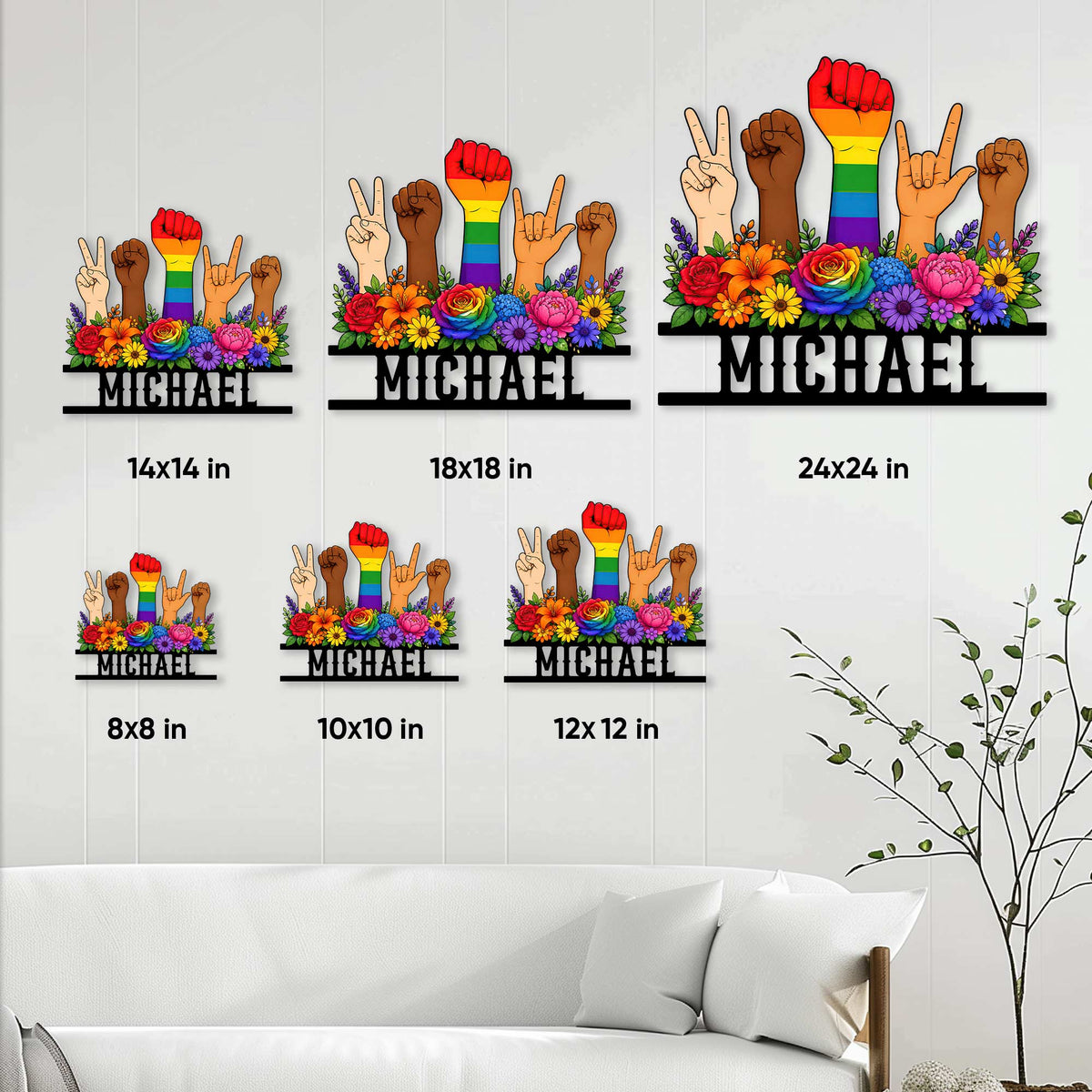 Pride metal sign size guide displaying six available square dimensions from 8 by 8 to 24 by 24 inches