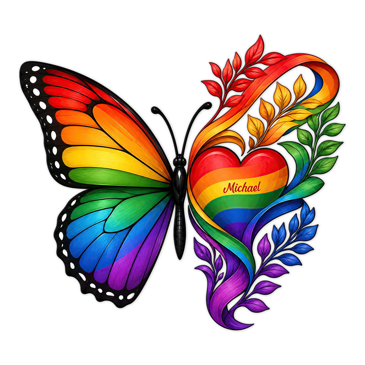 Colorful LGBTQ pride butterfly metal sign with a rainbow heart, floral accents, and vibrant multicolor wings