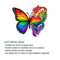 LGBTQ pride butterfly cut metal sign shown with product feature details and a rainbow heart design