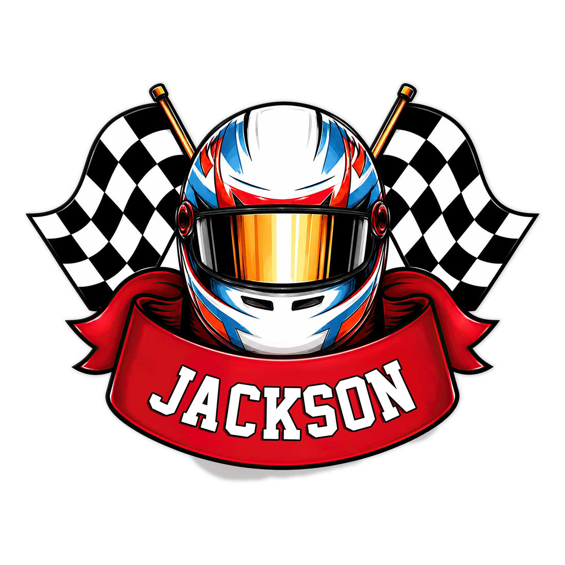 Custom racing metal sign featuring a colorful racing helmet and crossed checkered flags
