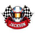 Custom racing metal sign featuring a colorful racing helmet and crossed checkered flags