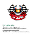 Racing helmet metal sign with crossed checkered flags shown as a cut metal wall decoration