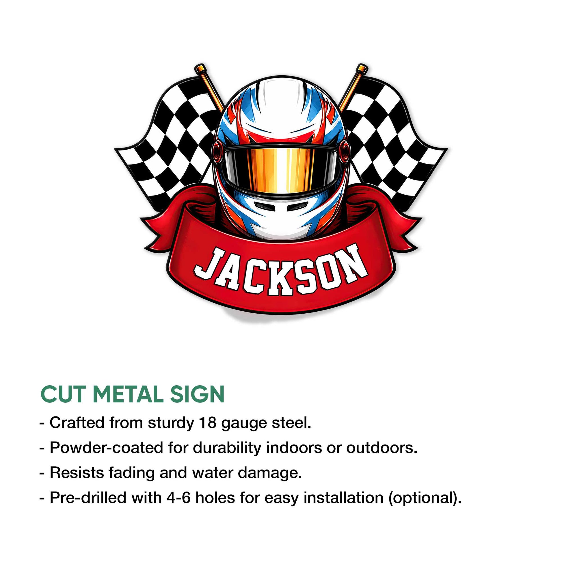 Racing helmet metal sign with crossed checkered flags shown as a cut metal wall decoration