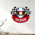 Racing helmet wall sign displayed on a light wood-paneled wall in a modern room