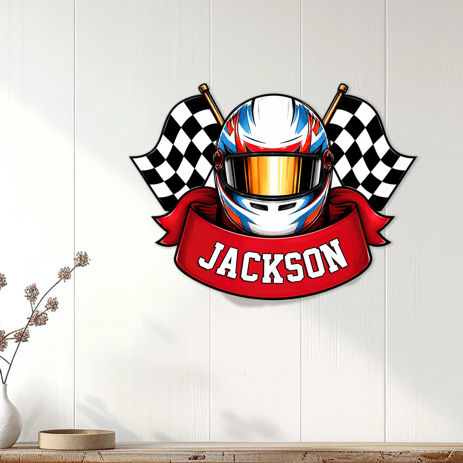 Racing helmet wall sign displayed on a light wood-paneled wall in a modern room