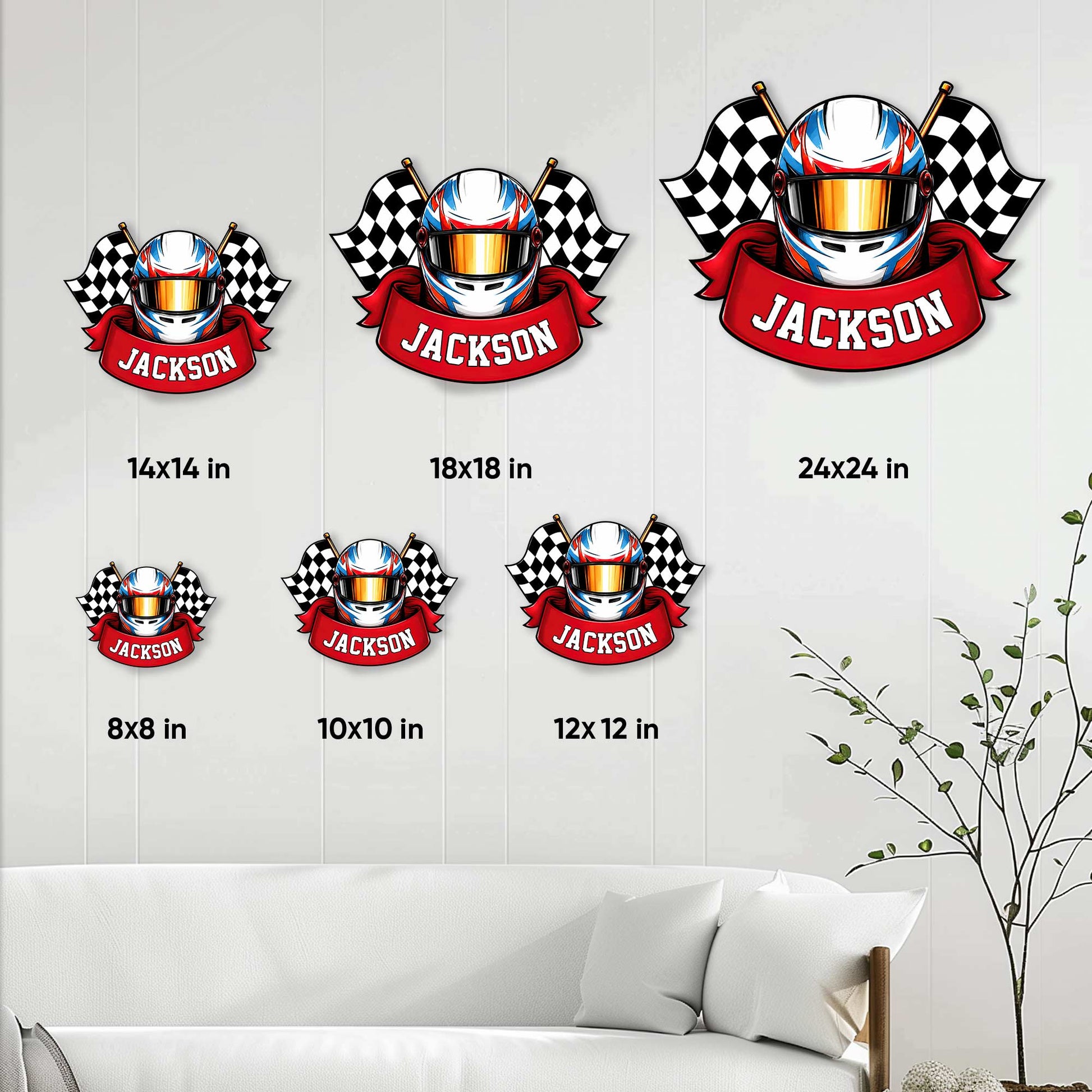 Racing helmet metal sign size guide showing options from 8 by 8 to 24 by 24 inches