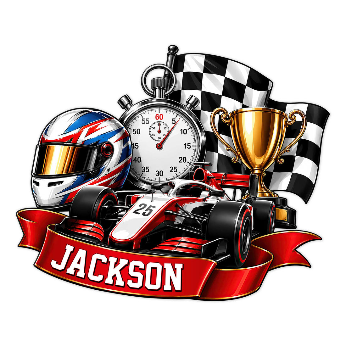 Custom racing metal sign featuring a formula race car, helmet, stopwatch, trophy, and checkered flag