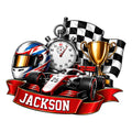 Custom racing metal sign featuring a formula race car, helmet, stopwatch, trophy, and checkered flag