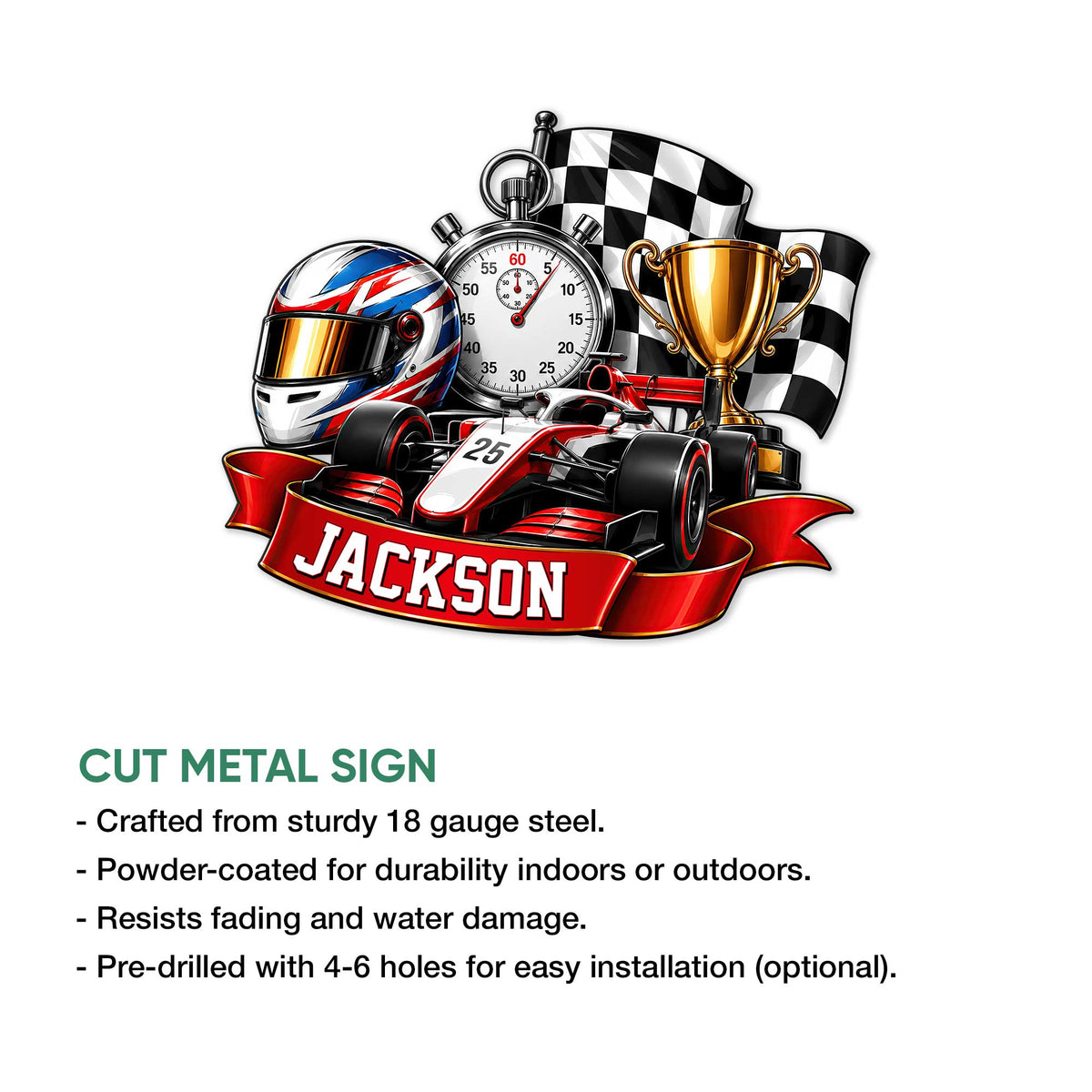 Racing metal sign product graphic showing the race car design with cut metal sign features