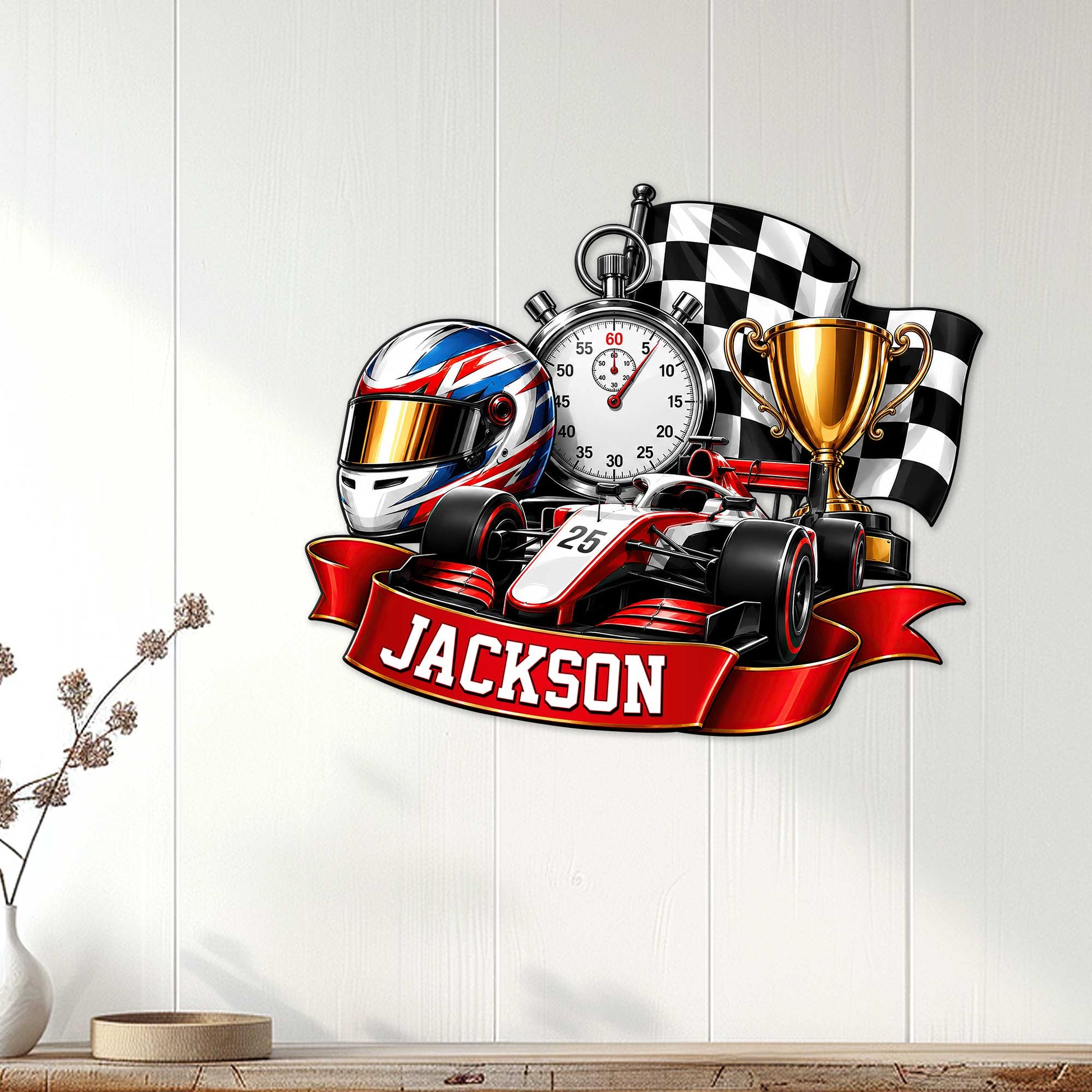 Racing wall sign displayed on a light wood-paneled wall with a formula car and checkered flag