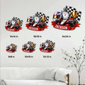Racing metal sign size guide displaying multiple size options in a living room setting