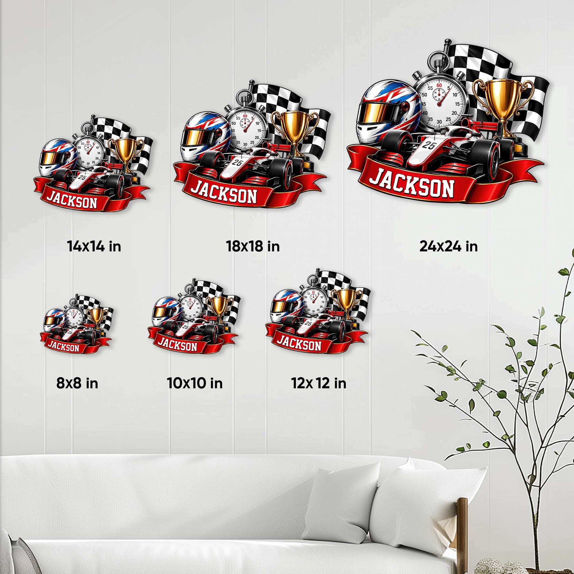 Racing metal sign size guide displaying multiple size options in a living room setting