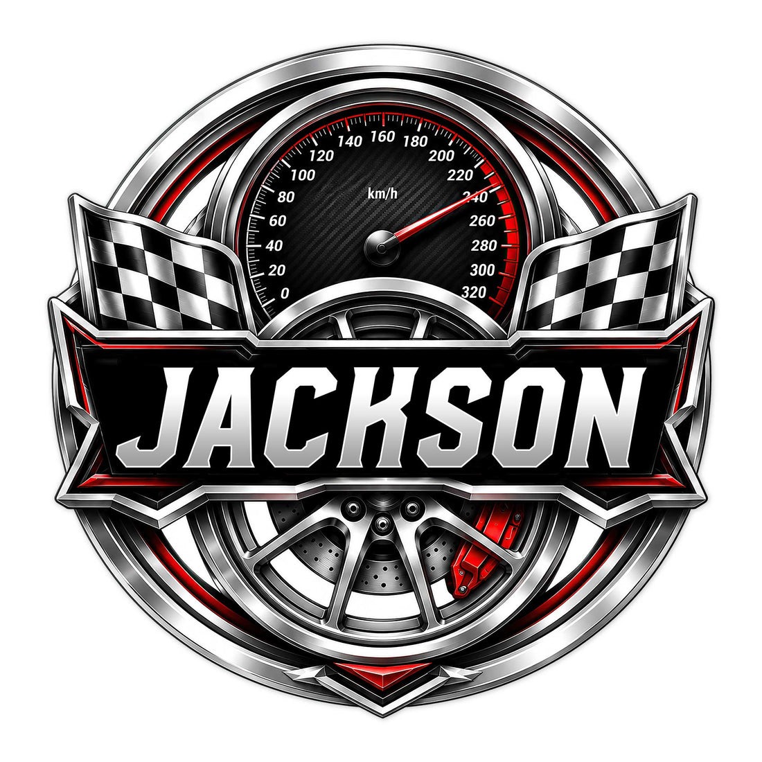 Custom racing metal sign featuring a speedometer, checkered flags, alloy wheel, and bold red and black styling