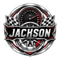 Custom racing metal sign featuring a speedometer, checkered flags, alloy wheel, and bold red and black styling