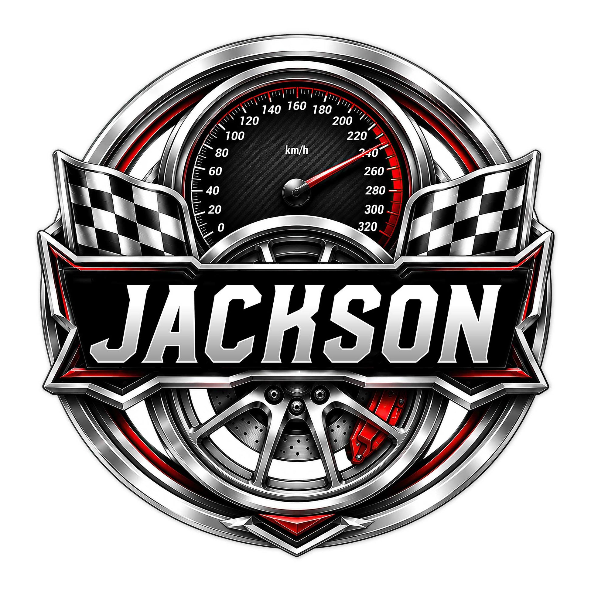 Custom racing metal sign featuring a speedometer, checkered flags, alloy wheel, and bold red and black styling