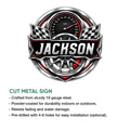 Racing metal sign shown with a speedometer and checkered flag design alongside a cut metal sign feature guide