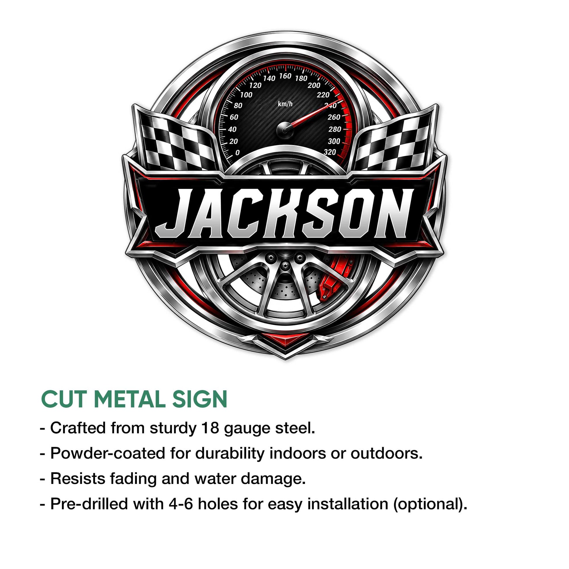 Racing metal sign shown with a speedometer and checkered flag design alongside a cut metal sign feature guide