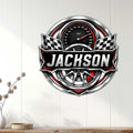 Custom racing wall sign displayed on a light wood-paneled wall as automotive garage or room decor