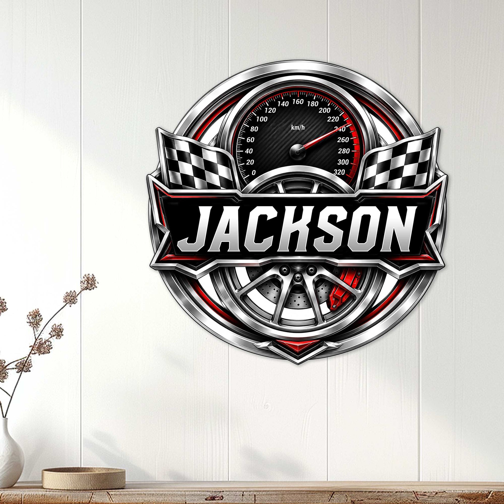 Custom racing wall sign displayed on a light wood-paneled wall as automotive garage or room decor