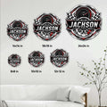 Racing metal sign size guide showing six square size options from 8 by 8 inches to 24 by 24 inches