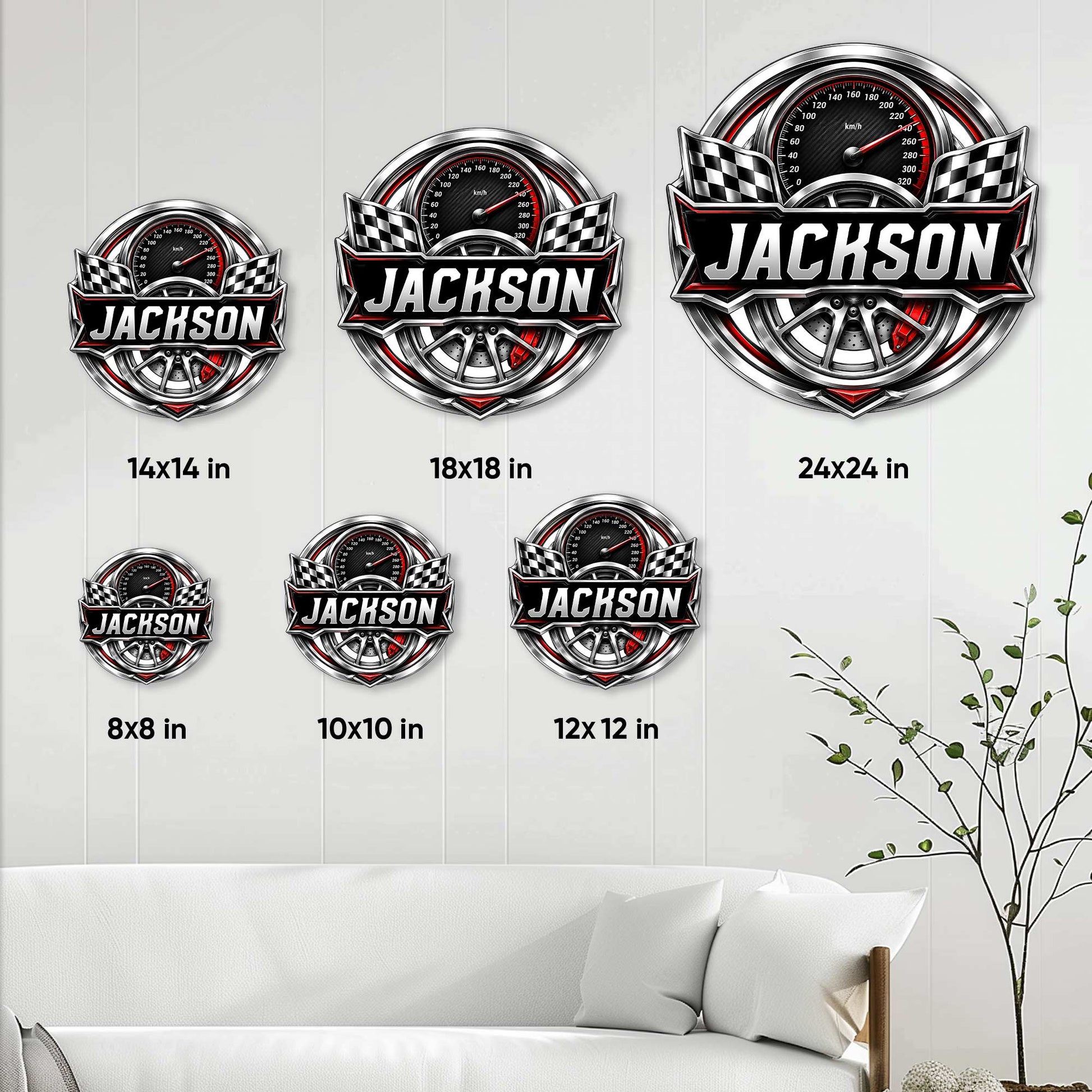 Racing metal sign size guide showing six square size options from 8 by 8 inches to 24 by 24 inches
