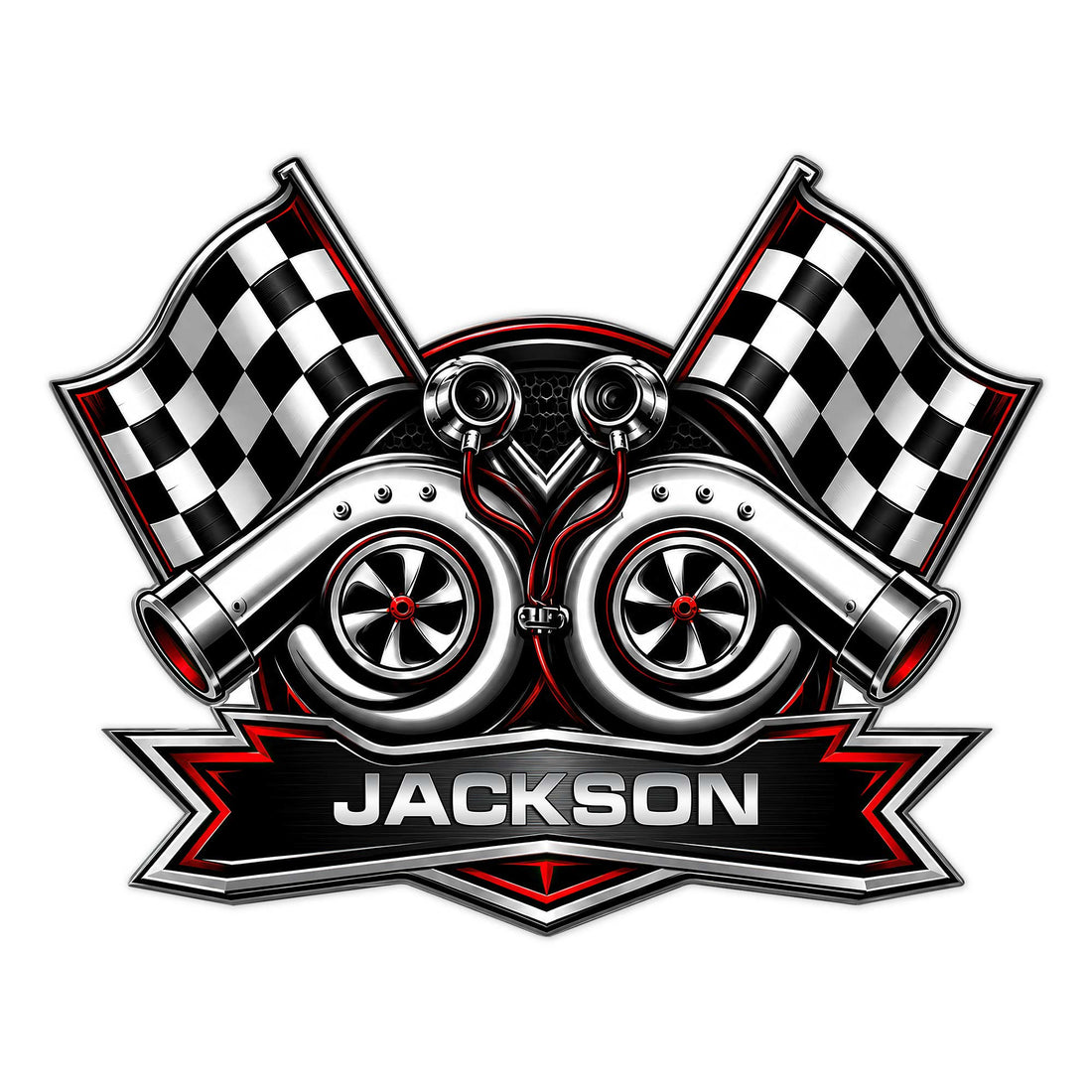 Custom racing metal sign featuring twin turbochargers, crossed checkered flags, and bold black and red detailing