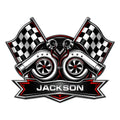 Custom racing metal sign featuring twin turbochargers, crossed checkered flags, and bold black and red detailing