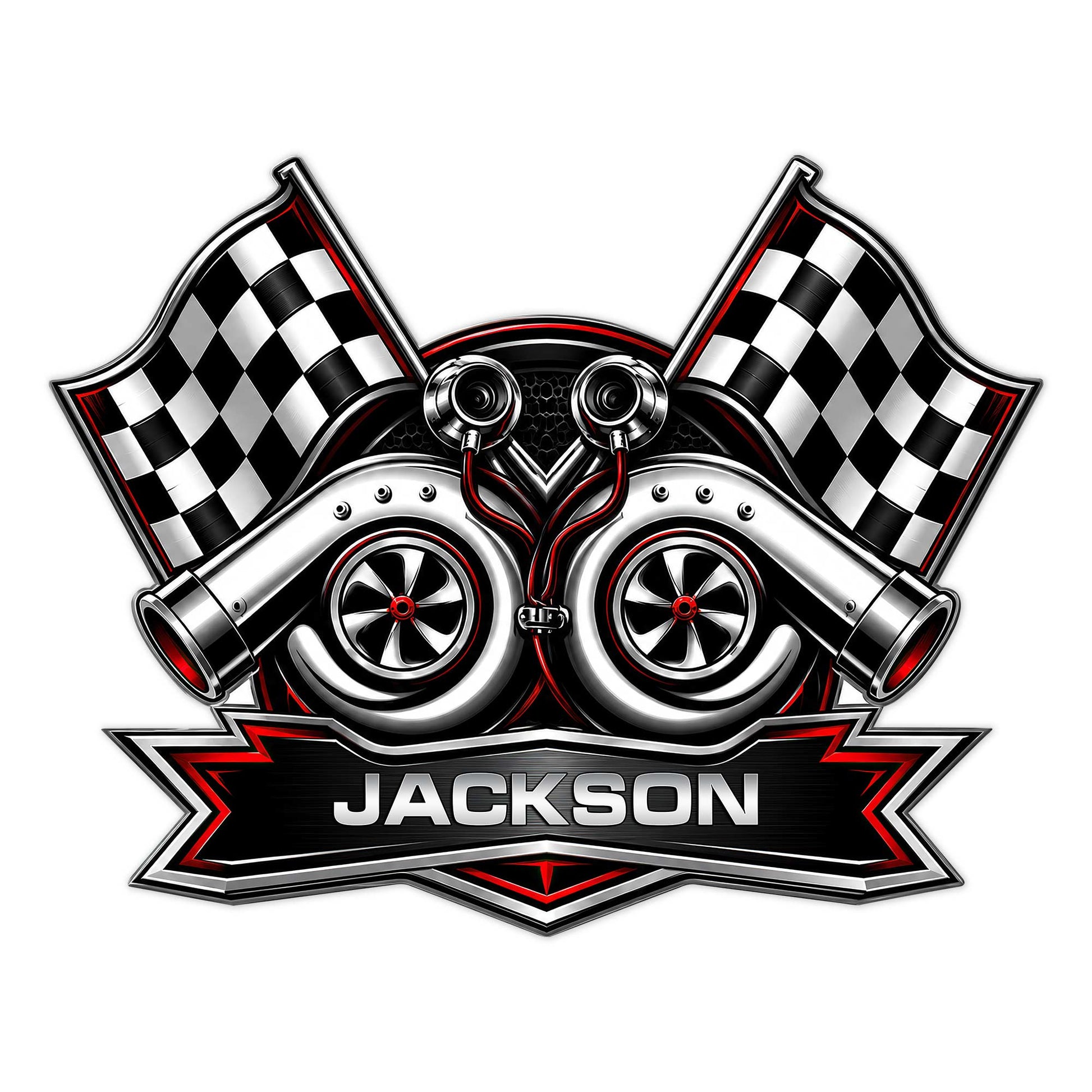 Custom racing metal sign featuring twin turbochargers, crossed checkered flags, and bold black and red detailing