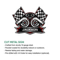 Racing turbocharger metal sign shown with cut-metal construction and a bold checkered flag design