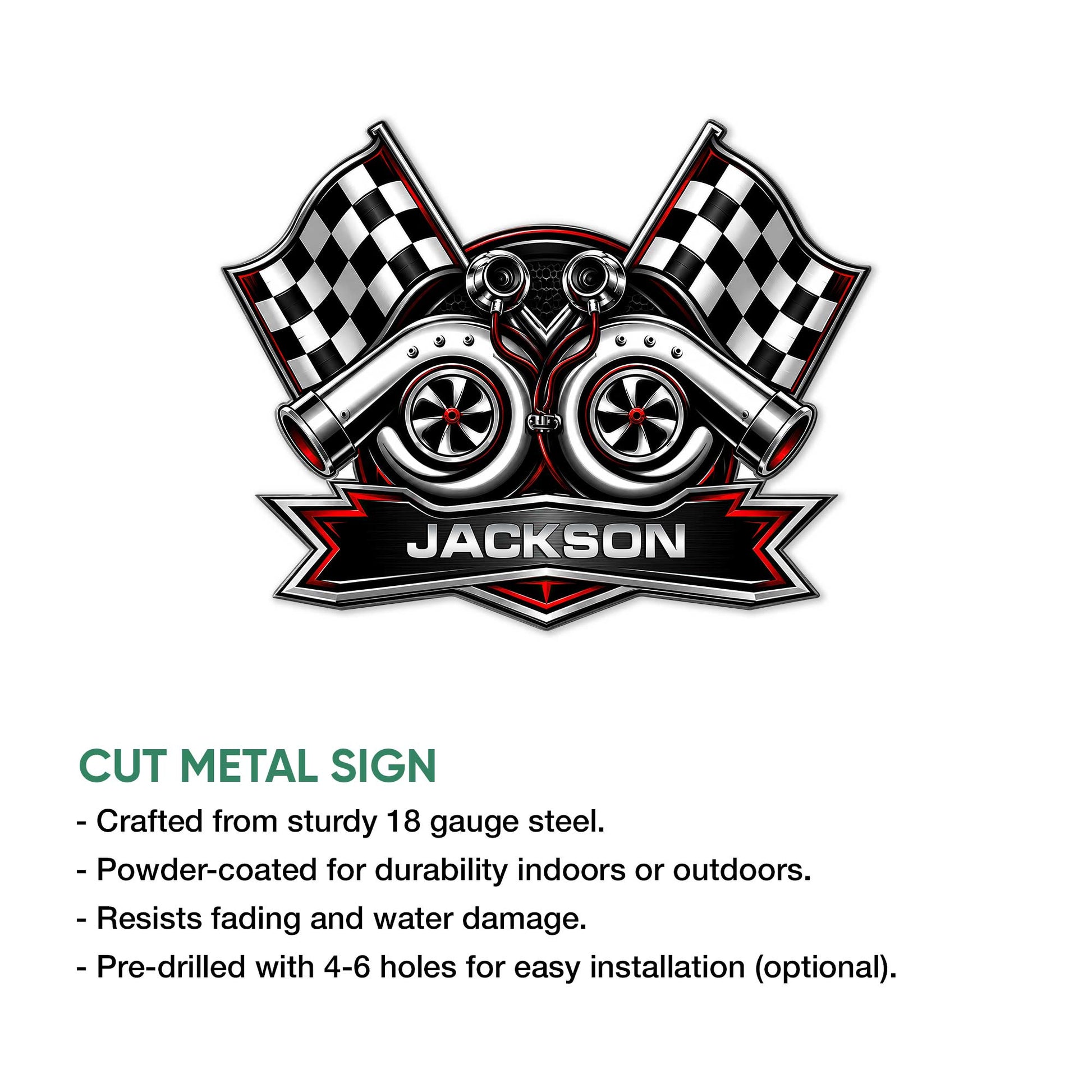 Racing turbocharger metal sign shown with cut-metal construction and a bold checkered flag design