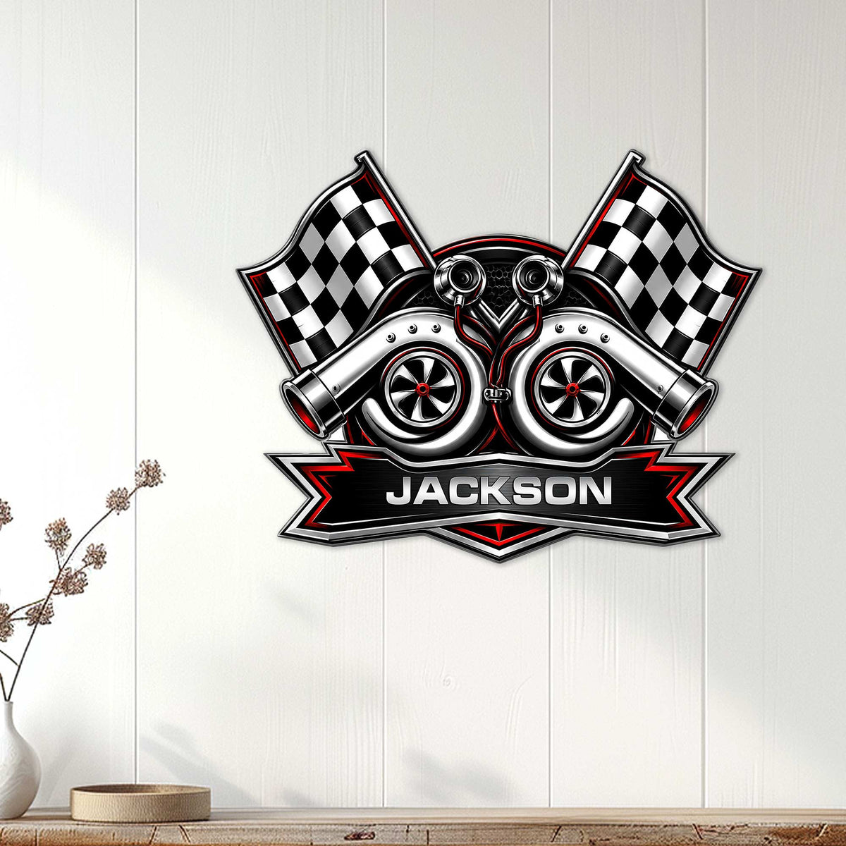 Racing wall decor displayed on a light wood wall, featuring twin turbochargers and crossed checkered flags