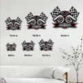Racing metal sign size guide showing available 8, 10, 12, 14, 18, and 24 inch square options