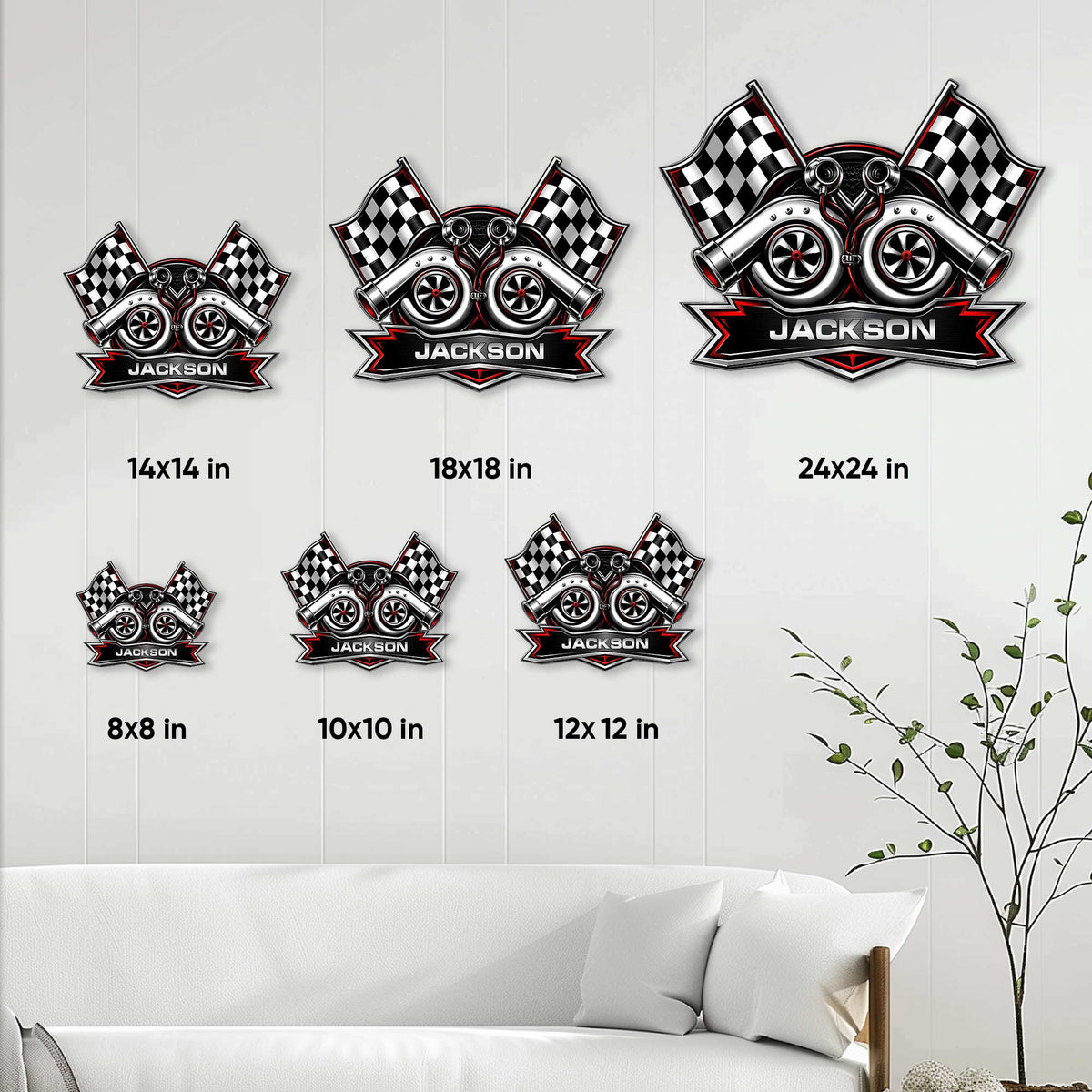 Racing metal sign size guide showing available 8, 10, 12, 14, 18, and 24 inch square options