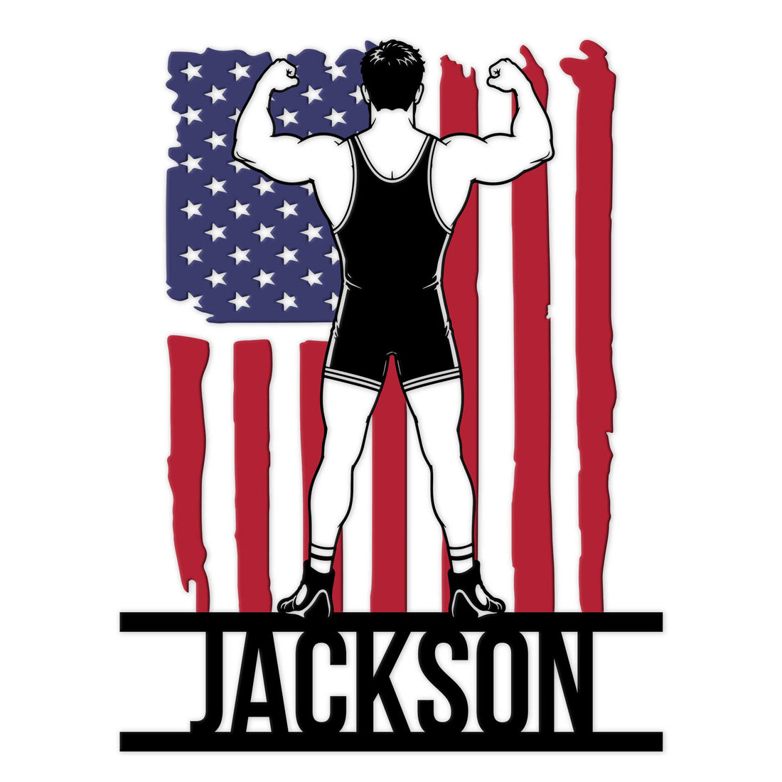 Custom wrestling metal sign featuring a flexing wrestler silhouette over a distressed American flag