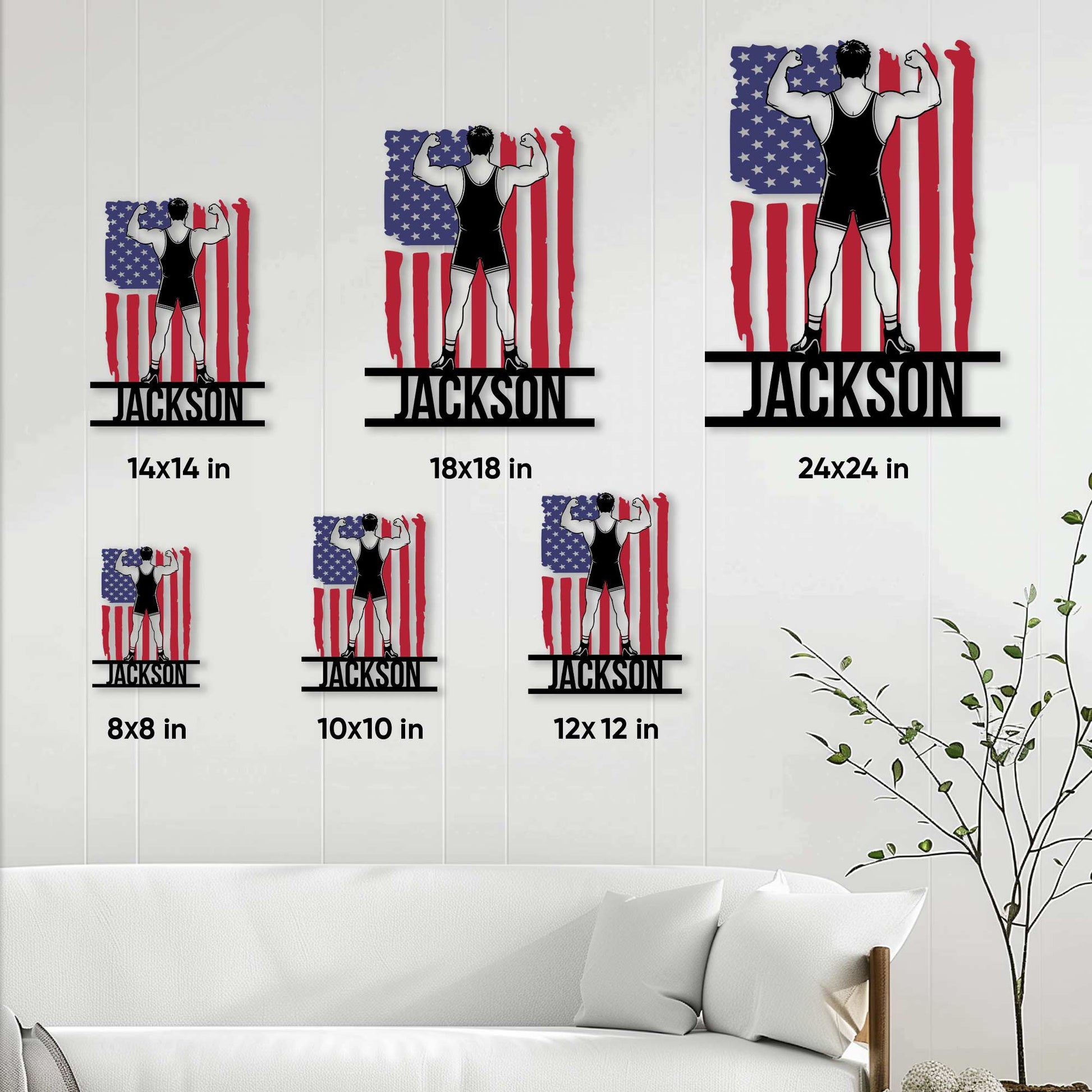 Wrestling metal sign size guide showing available square sizes from 8 by 8 to 24 by 24 inches