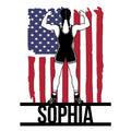 Custom women's wrestling metal sign featuring a powerful female wrestler flexing in front of a patriotic American flag design