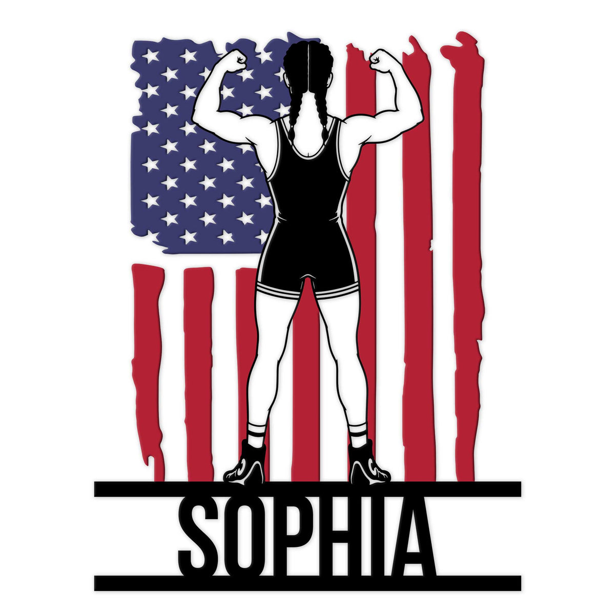 Custom women's wrestling metal sign featuring a powerful female wrestler flexing in front of a patriotic American flag design