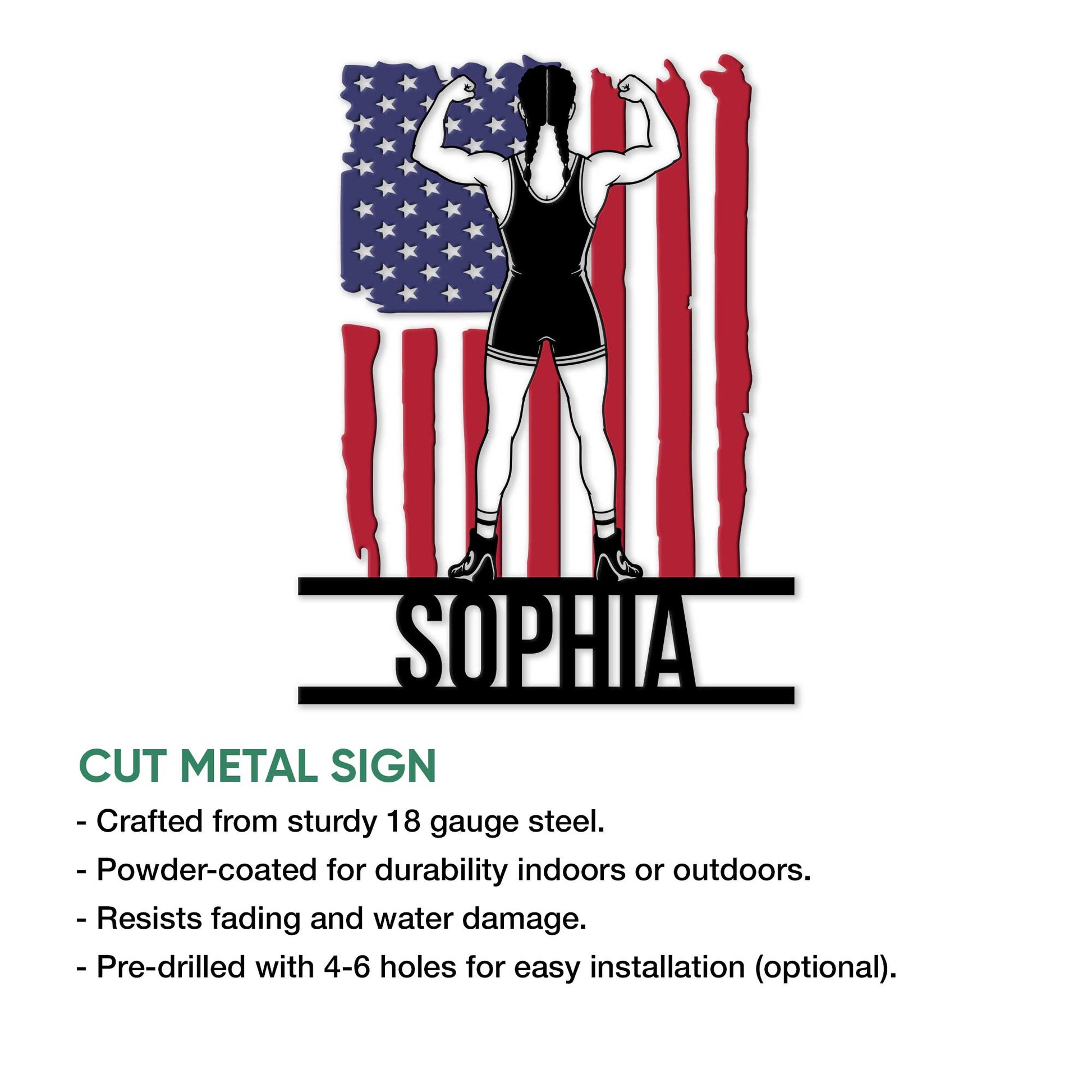 Women's wrestling metal sign shown with a bold athlete silhouette and patriotic flag artwork in a product feature graphic