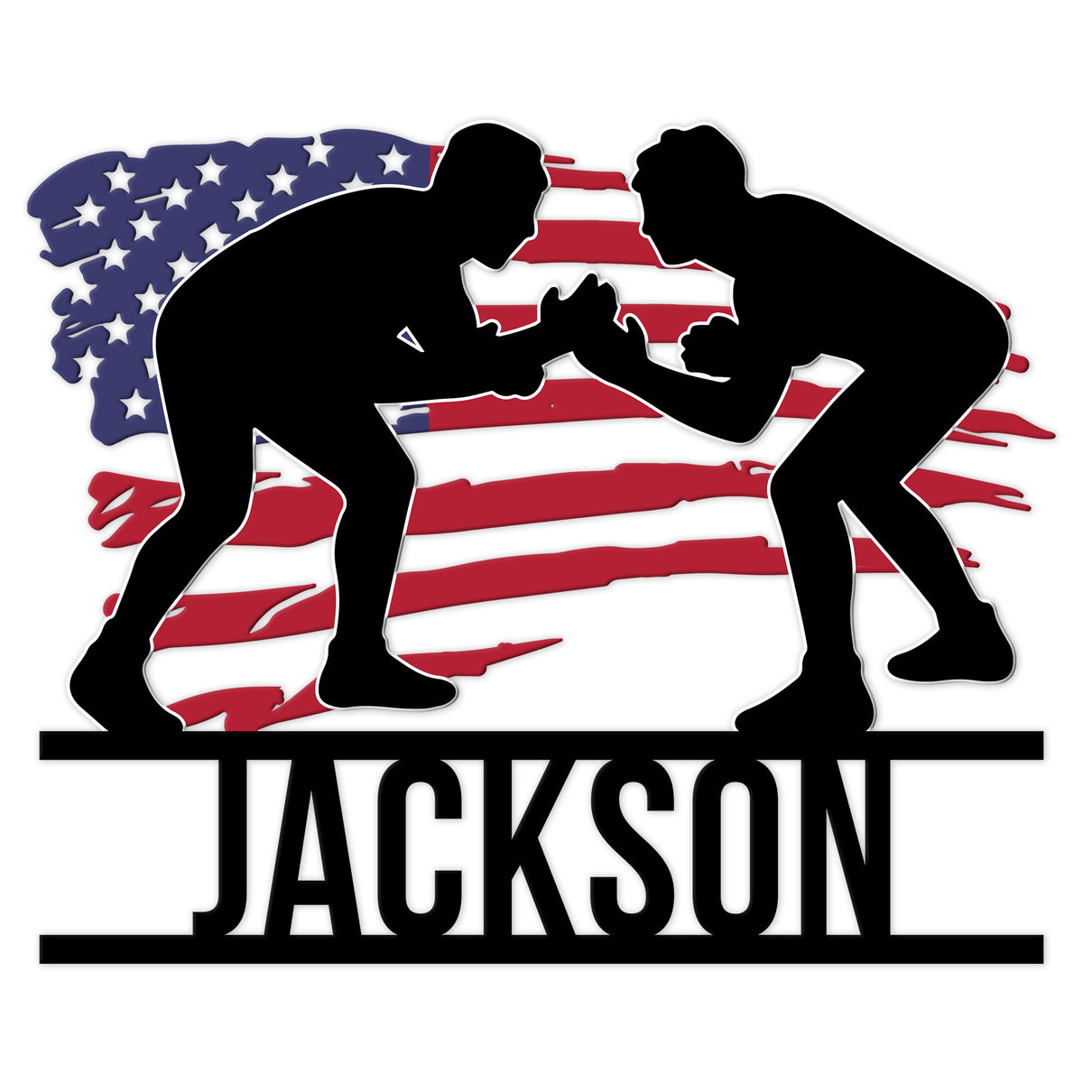 Wrestling metal sign featuring two grapplers in a powerful takedown silhouette over an American flag design