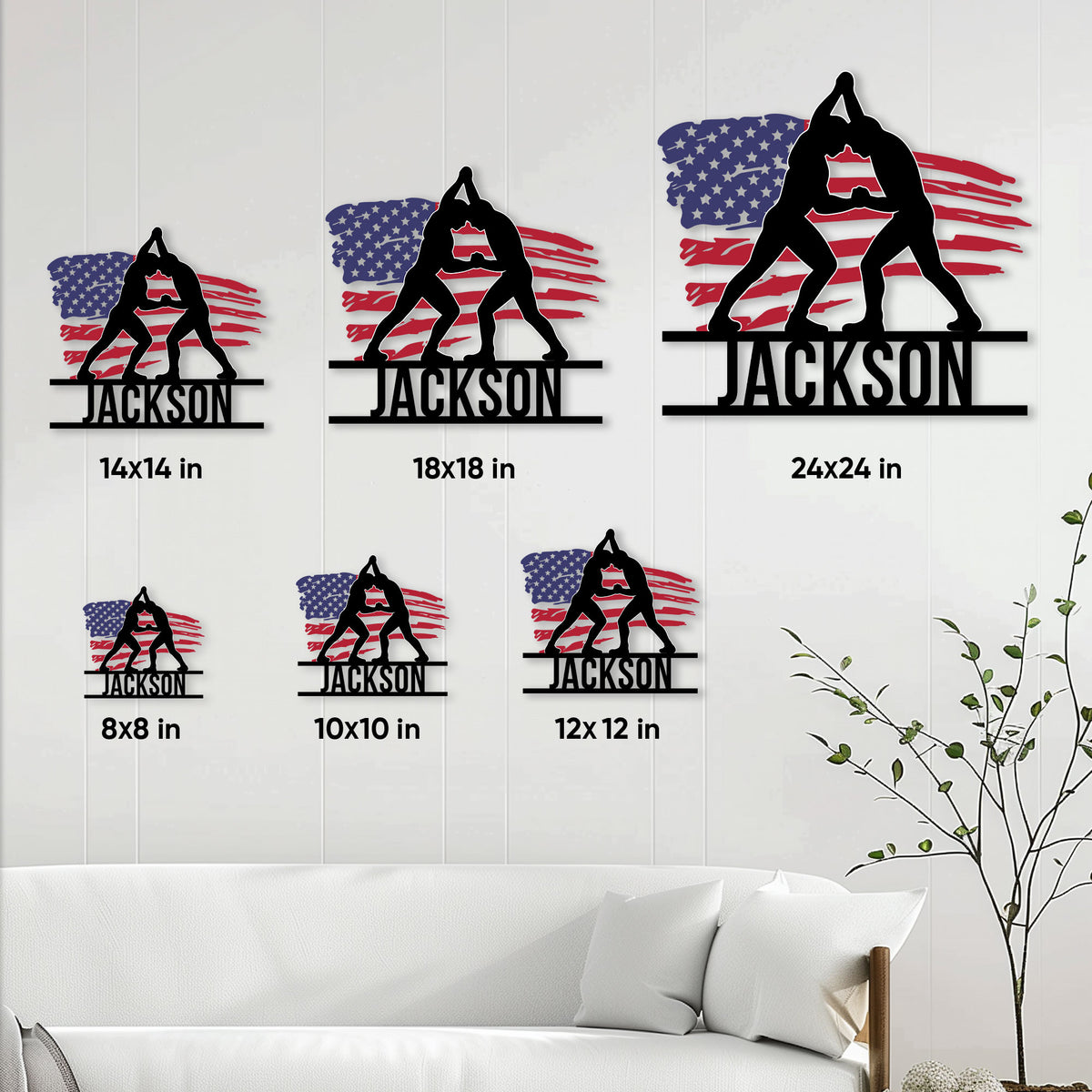 Wrestling metal wall sign shown in multiple size options above a modern living room sofa