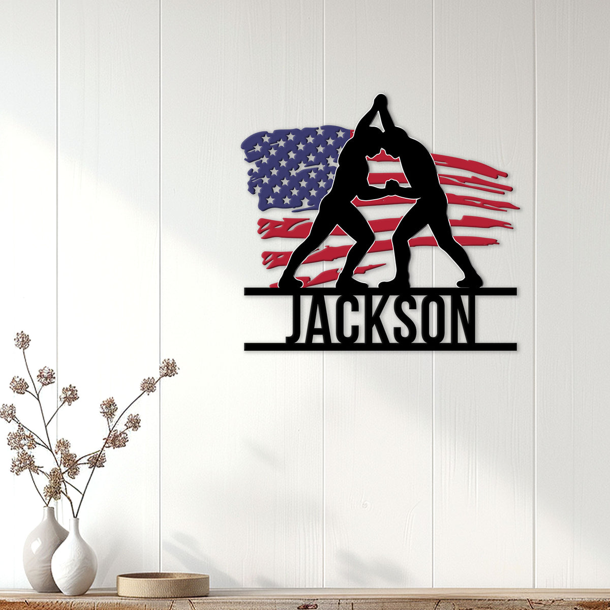 Wrestling metal sign displayed on a bright paneled wall with two grapplers and a patriotic flag backdrop