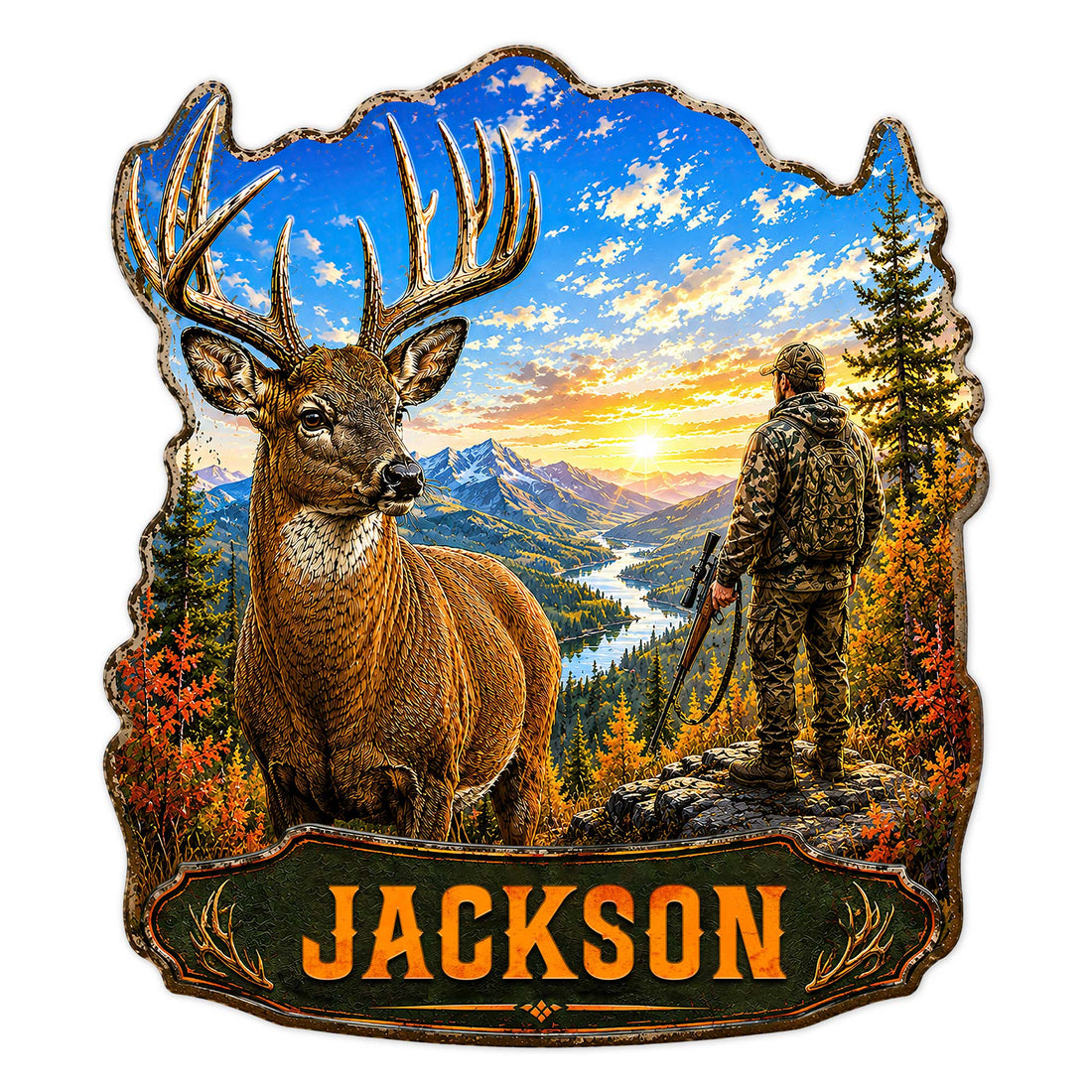 Custom deer hunting metal sign featuring a buck, mountain valley, sunset, and hunter in camouflage